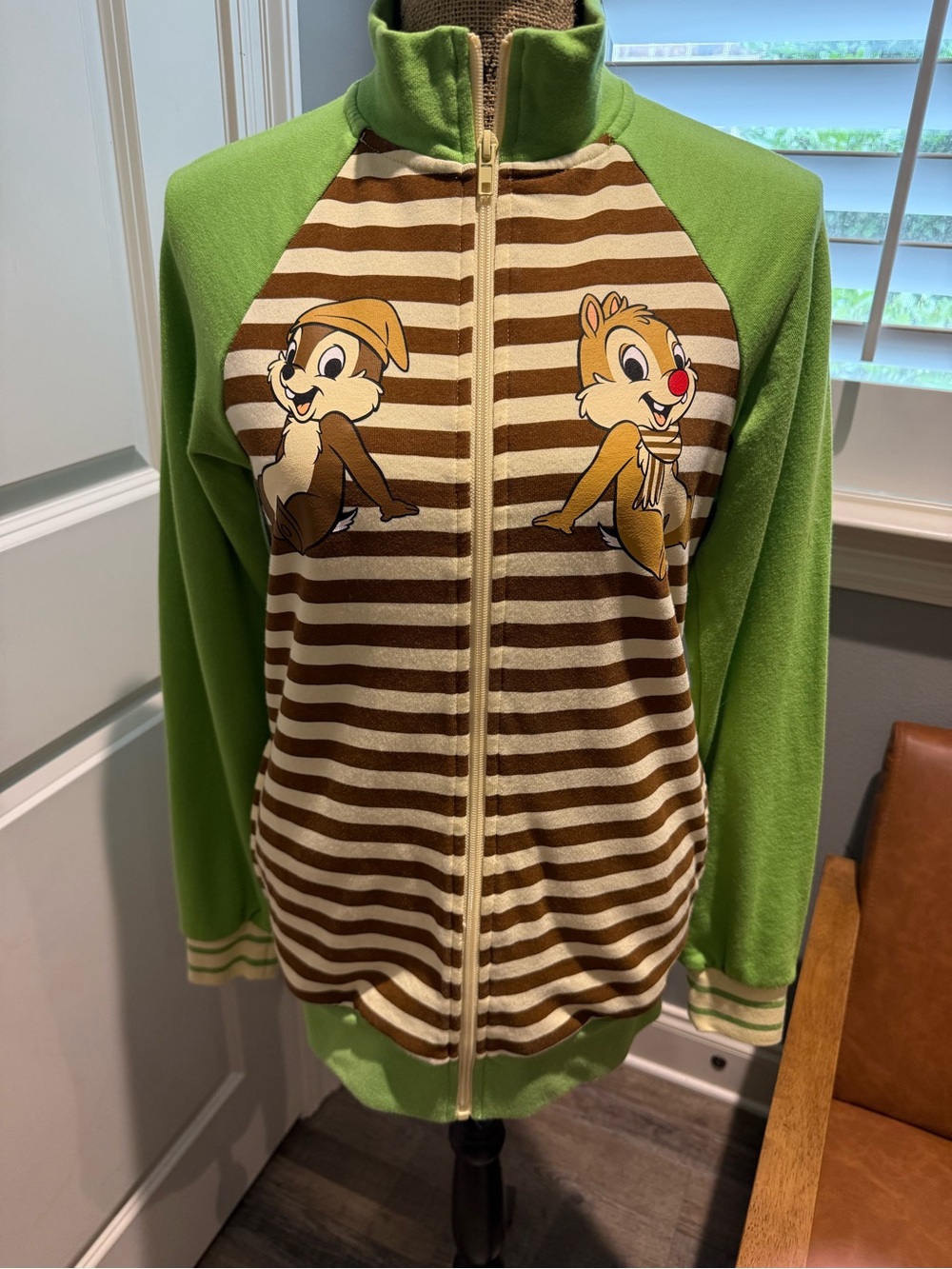 Disney Parks Green & Brown Striped Chip & Dale Chipmunks Zip Jacket